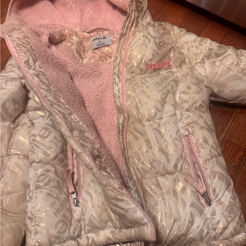 Hurley Kids Puffer Jacket In Cream And Pink Age 8-10 Years